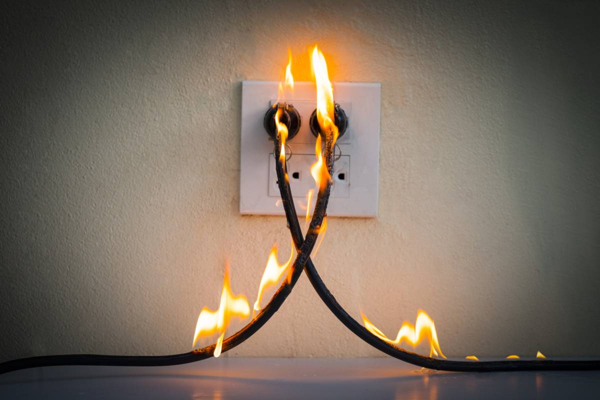 Cords on fire because of not following safety precautions when working with electricity.